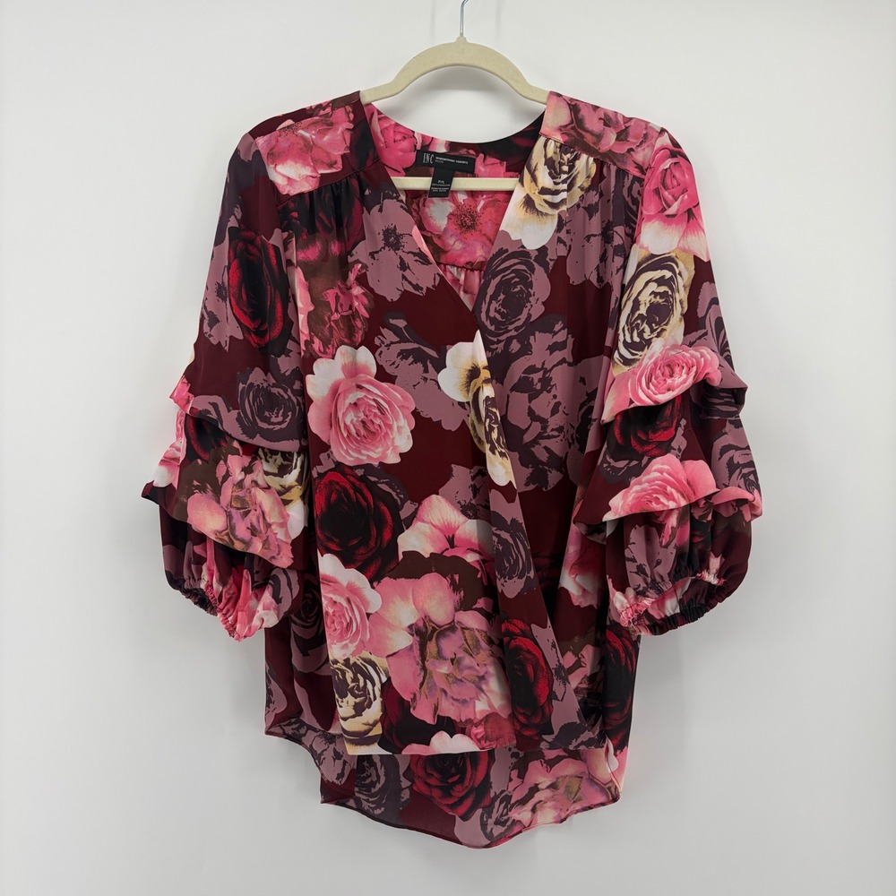 INC Womens PL Burgundy Pink Floral Blouse Ruffle Sleeve V-Neck High-Low Top